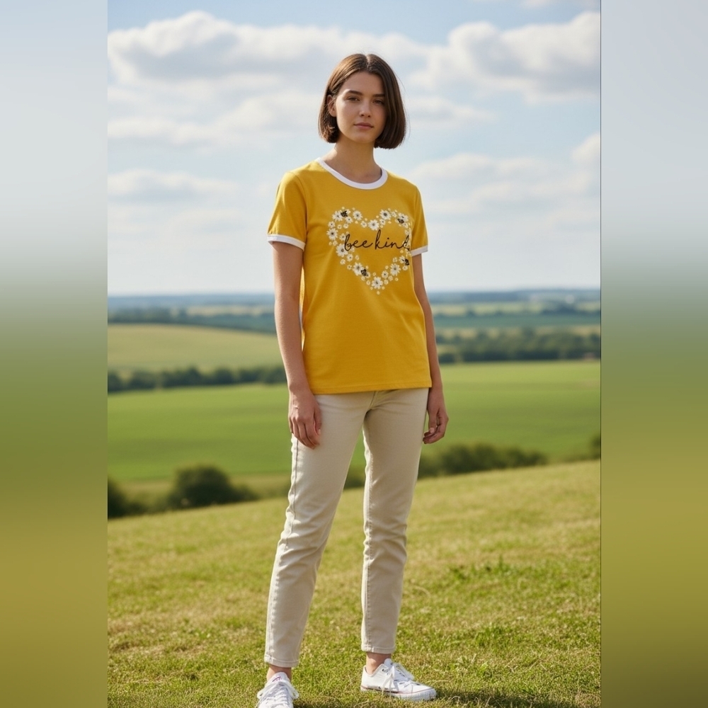 Jenna & Jessie Yellow Girls 'Bee Kind' Floral Heart Glitter Graphic Tee EUC Sz 8